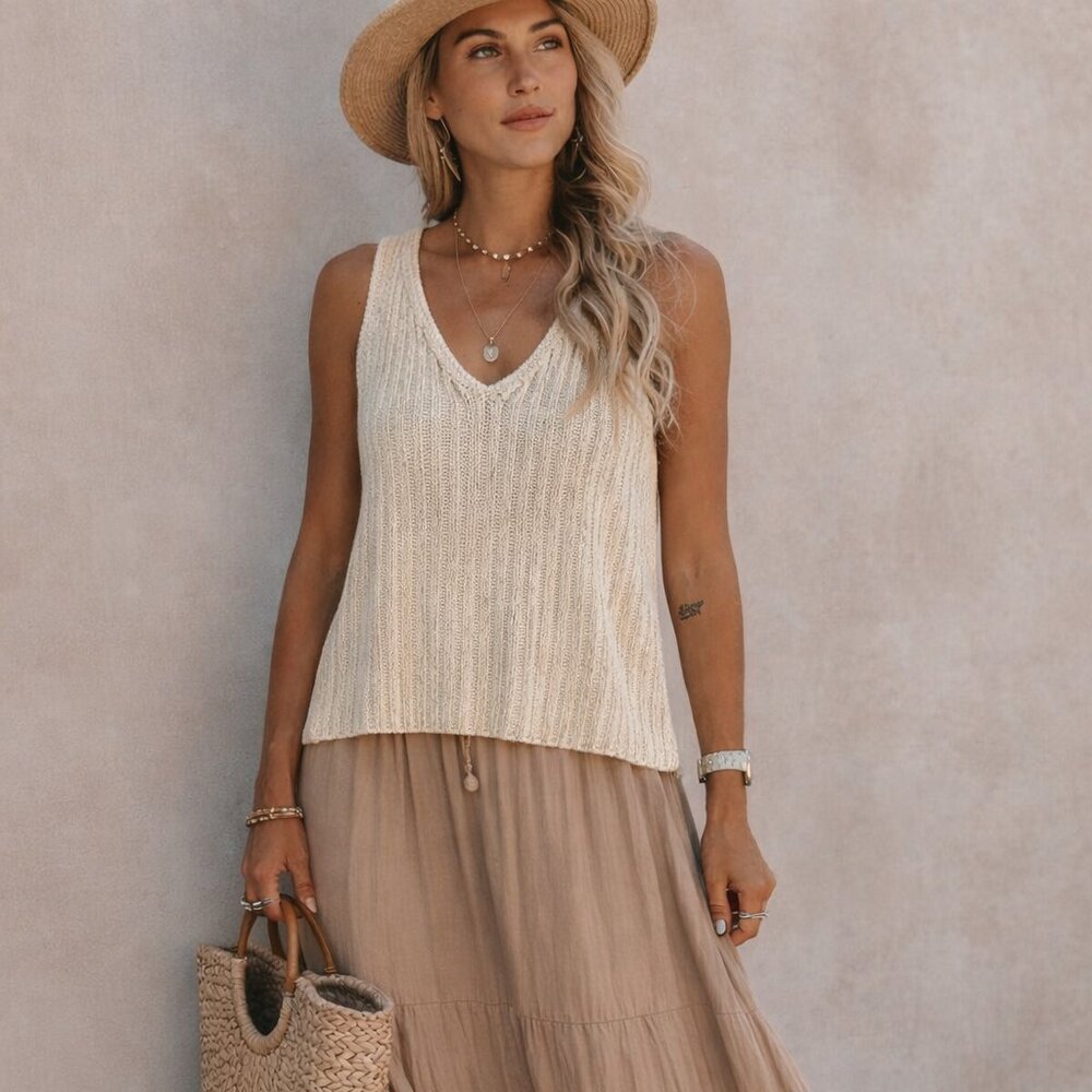 DKNY 100% cotton knit sweater tank, gold metallic on cream, vertical ribbing